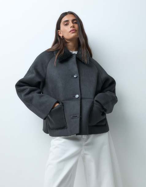 ASOS DESIGN Jacke mit Shearling-Futter und farblich abgestimmtem Faux-Fur in Anthrazit - view 1