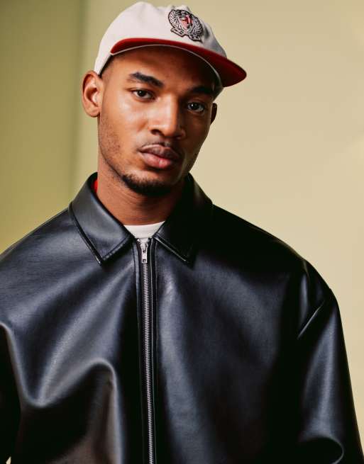 ASOS DESIGN boxy oversized harrington jacket in faux leather in black