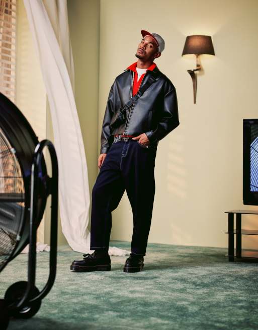 ASOS DESIGN boxy oversized harrington jacket in faux leather in black