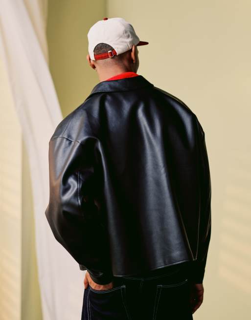ASOS DESIGN boxy oversized harrington jacket in faux leather in black