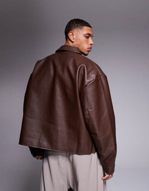 ASOS DESIGN boxy oversized Harrington jacket in faux leather in brown