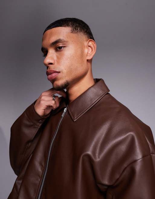 ASOS DESIGN boxy oversized Harrington jacket in faux leather in brown
