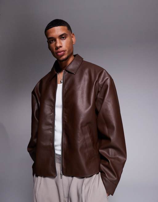 ASOS DESIGN boxy oversized Harrington jacket in faux leather in brown