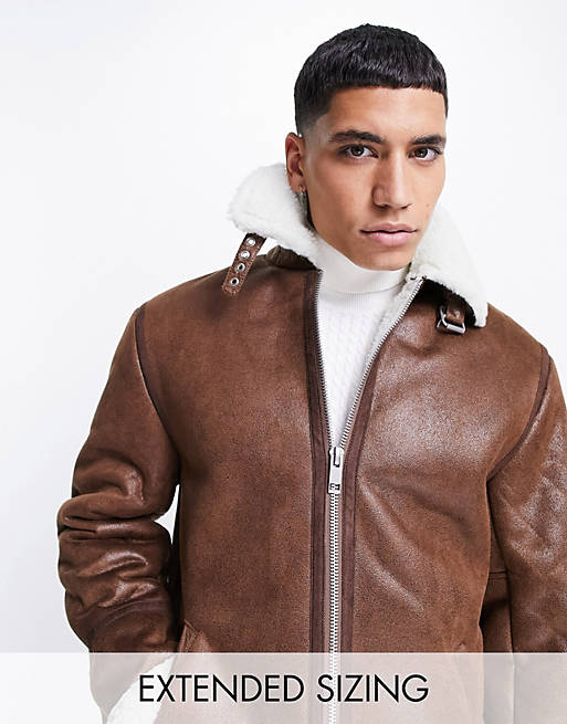 ASOS DESIGN jacket in tan with ecru borg collar