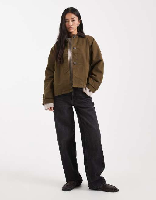 ASOS DESIGN barn jacket with contrast collar in khaki green