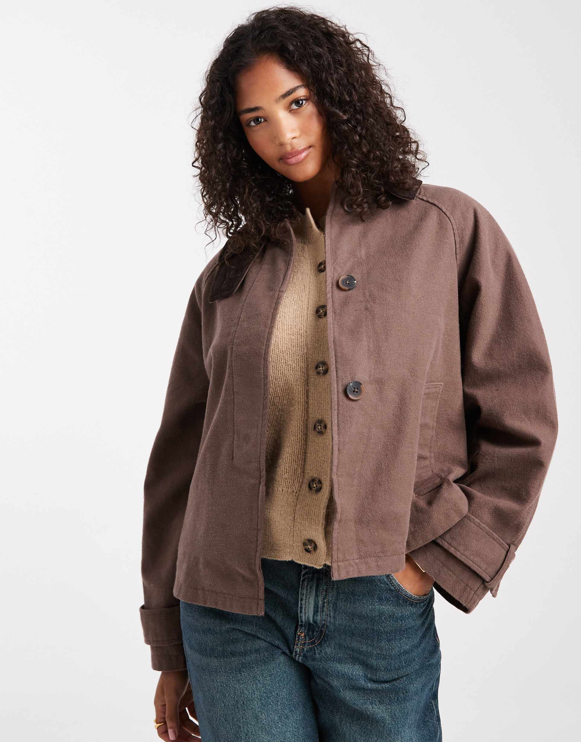 asos design jacket with contrast collar in mocha