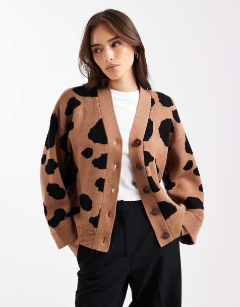 ASOS DESIGN jacquard animal boyfriend fit cardigan in toffee - view 1