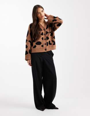 Asos Design Jacquard Animal Boyfriend Fit Cardigan In Brown