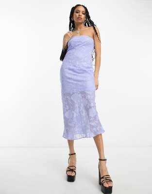 Asos Design Satin Bias Bandeau Midi Dress With Embroidered Bodice In Cornflower Blue In Blue