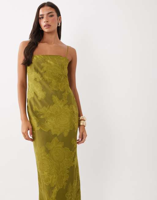 ASOS DESIGN jacquard bias maxi dress in olive green, 2 of 4