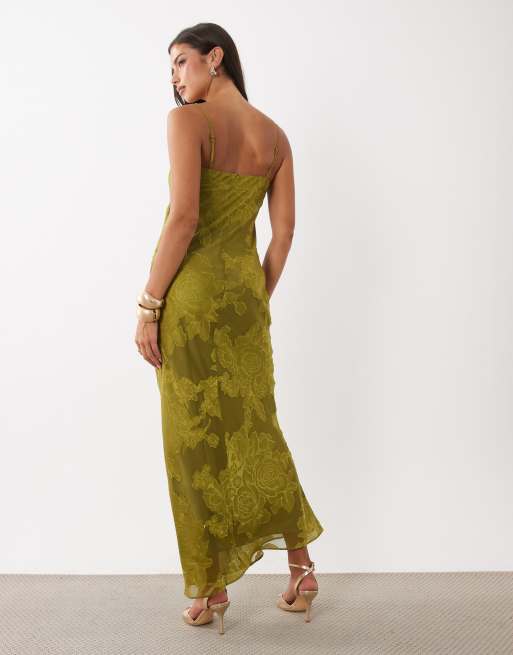 ASOS DESIGN jacquard bias maxi dress in olive green, 4 of 4