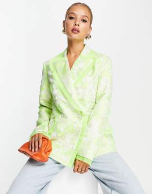 ASOS DESIGN - Jacquard-Blazer in Limettengrün mit geraffter Taille und Rüschen