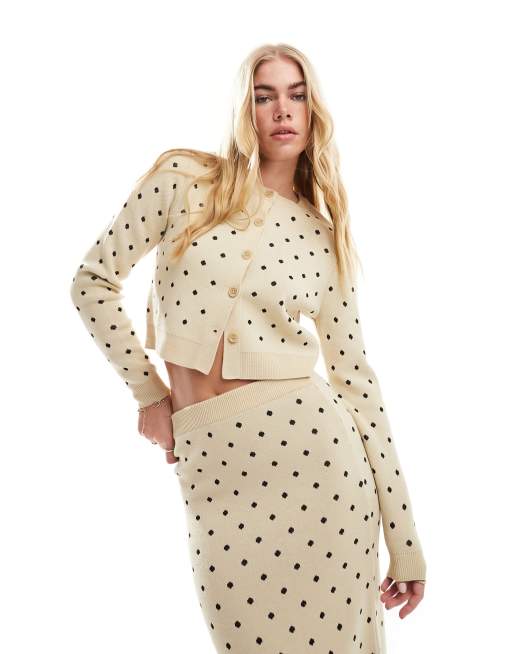 ASOS Design knitted jacquard button through cardigan midi skirt in cream polka ASOS