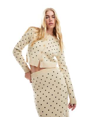 Asos Design Jacquard Button Up Cardigan In Cream Polka Dot - Part Of A Set-multi