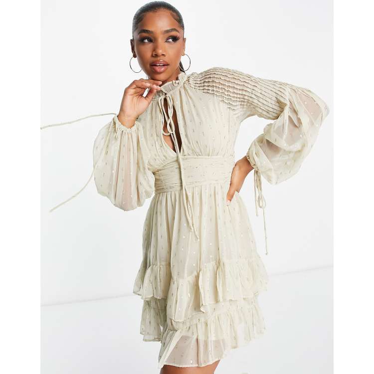 ASOS DESIGN jacquard chiffon high neck mini dress with