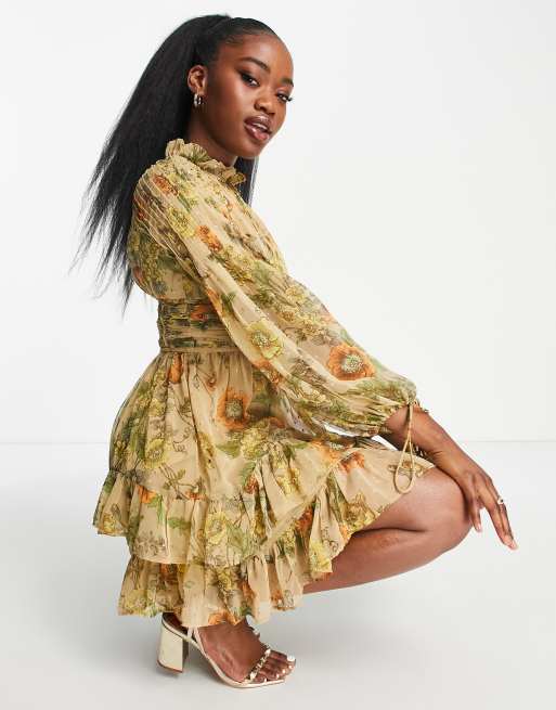 ASOS DESIGN mini smock dress with tie waist in floral jacquard chiffon -  ShopStyle