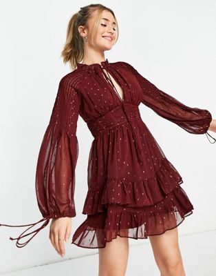 Asos Design Jacquard Chiffon High Neck Mini Dress With Pintuck Sleeve Detail-red