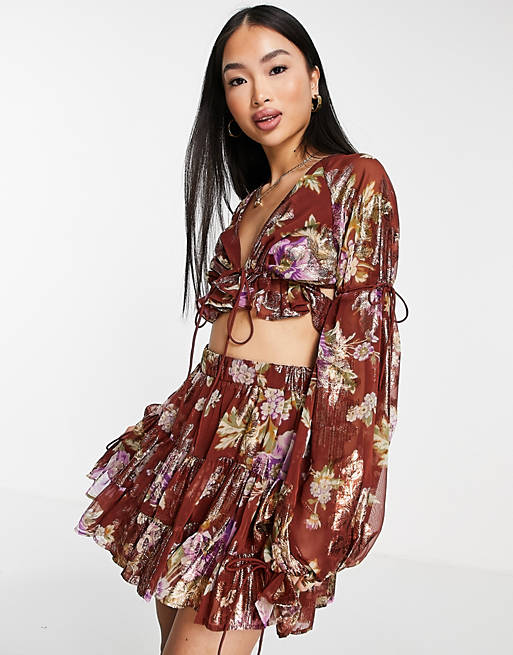  jacquard chiffon top in floral print with tie detail co-ord 