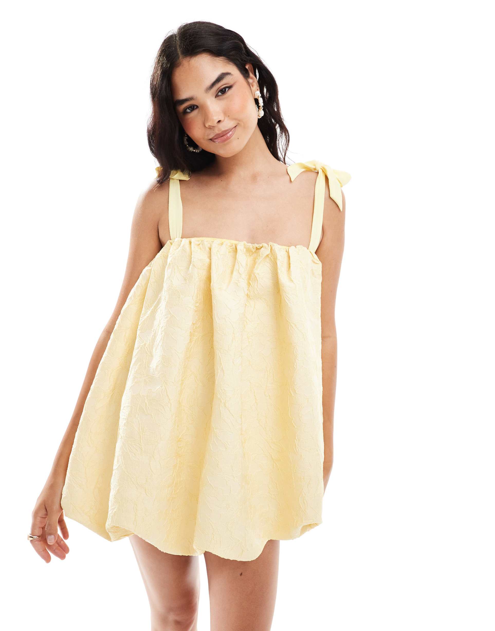 asos design jacquard cold shoulder tie strap bubble mini dress in lemon yellow