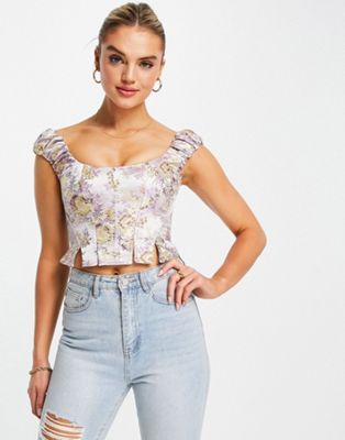ASOS DESIGN jacquard corset top with ruched strap in floral print