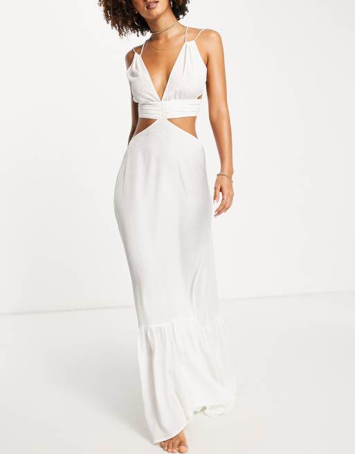 ASOS DESIGN jacquard cut out ruched beach maxi dress in ivory