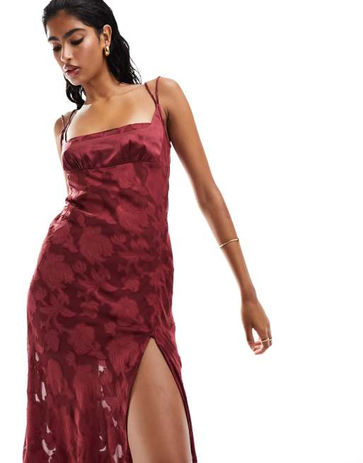 ASOS DESIGN jacquard double strap maxi dress with hook and eye slit in burgundy