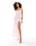 [ASOS DESIGN] ASOS DESIGN jacquard double strap maxi dress with hook and eye split in pink 14 PINK