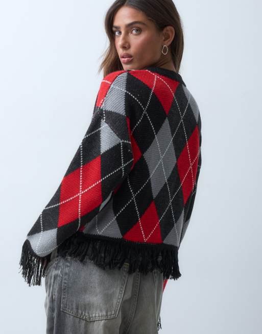 ASOS DESIGN jacquard fringe hem and sleeve jumper in red and black, 2 of 5