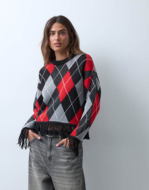 ASOS DESIGN jacquard fringe hem and sleeve sweater in red and black, 5 of 5