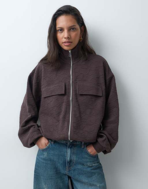ASOS DESIGN Jacquard funnel neck zip through sweatshirt in mole brown, 2 of 5