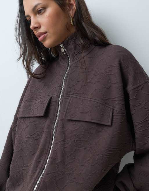 ASOS DESIGN Jacquard funnel neck zip through sweatshirt in mole brown, 3 of 5