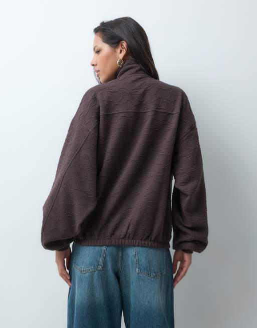 ASOS DESIGN Jacquard funnel neck zip through sweatshirt in mole brown, 4 of 5