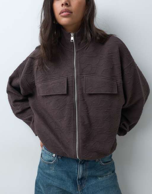 ASOS DESIGN Jacquard funnel neck zip through sweatshirt in mole brown, 5 of 5