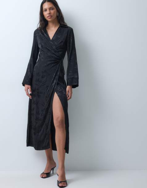ASOS DESIGN Jacquard-Hemdkleid mit langen Ärmeln, Wickeldetail und Maxi-Länge in Schwarz - view 1