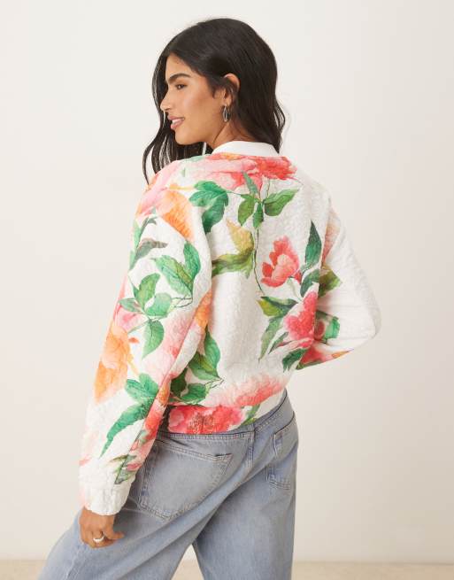 ASOS DESIGN jacquard jacket with all over floral print in cream, 3 of 4