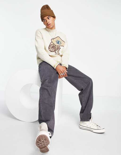 ASOS DESIGN jacquard knit jumper with mushroom and embroidery details in grey, 3 of 4