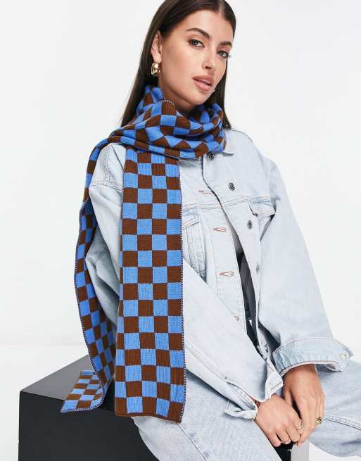 ASOS DESIGN jacquard knit scarf in blue and brown checkerboard print