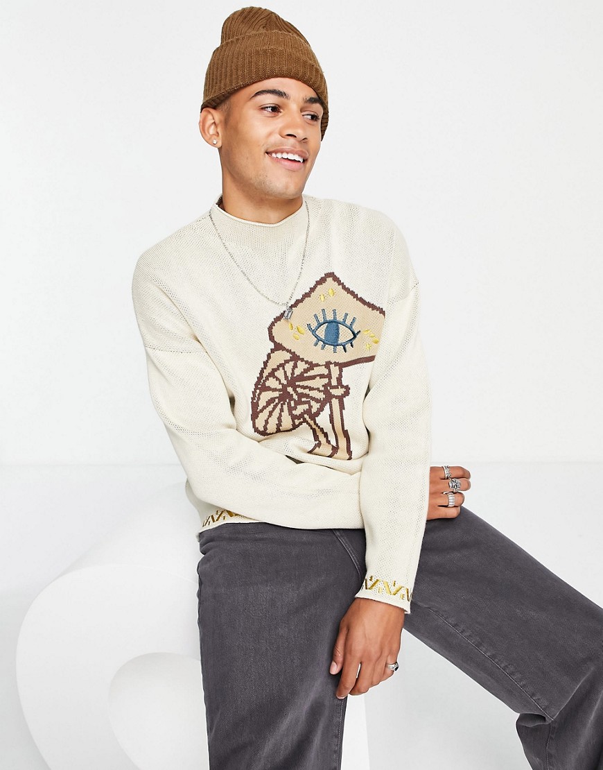 ASOS DESIGN jacquard knit sweater with mushroom and embroidery details in gray-Grey