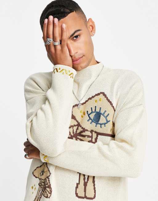 ASOS DESIGN jacquard knit sweater with mushroom and embroidery details in gray, 2 of 4