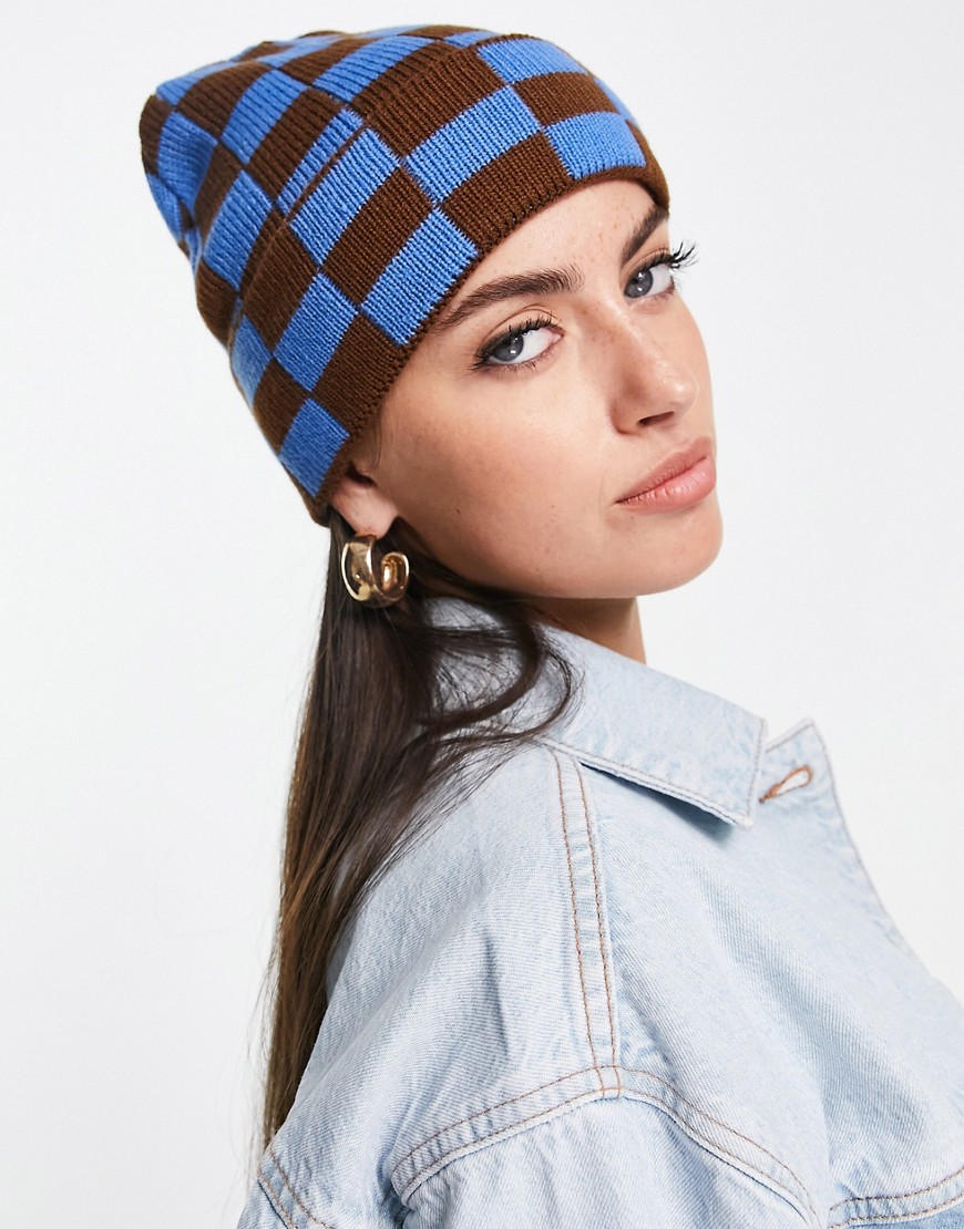 ASOS DESIGN jacquard knit turn up beanie in blue and brown checkerboard print-Multi