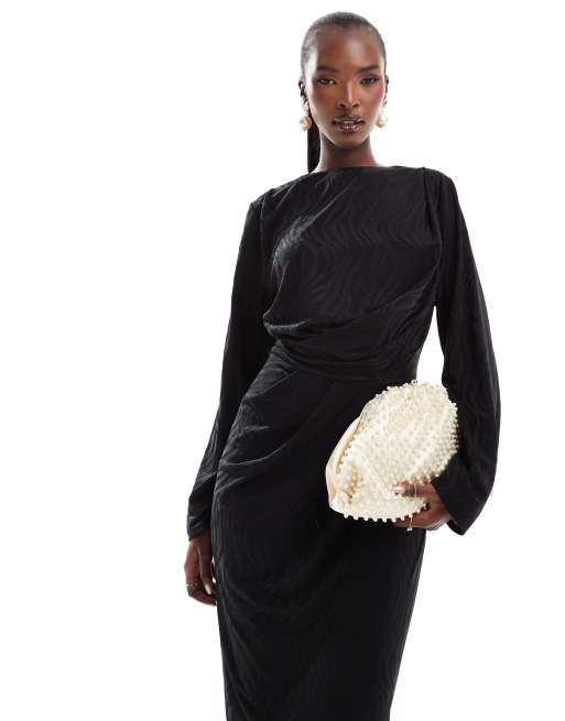 ASOS DESIGN jacquard long sleeve maxi dress in black
