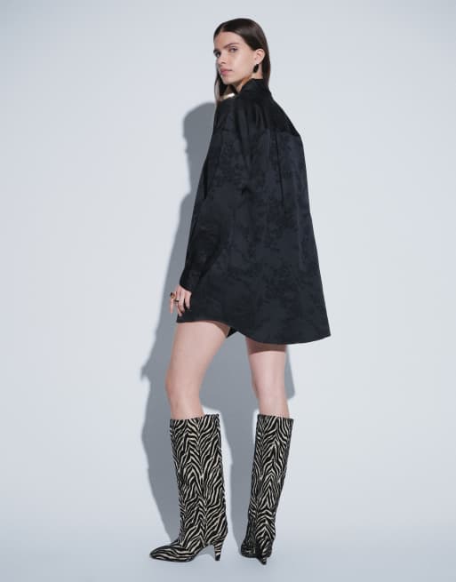ASOS DESIGN jacquard mini dress with neck tie in black, 3 of 8