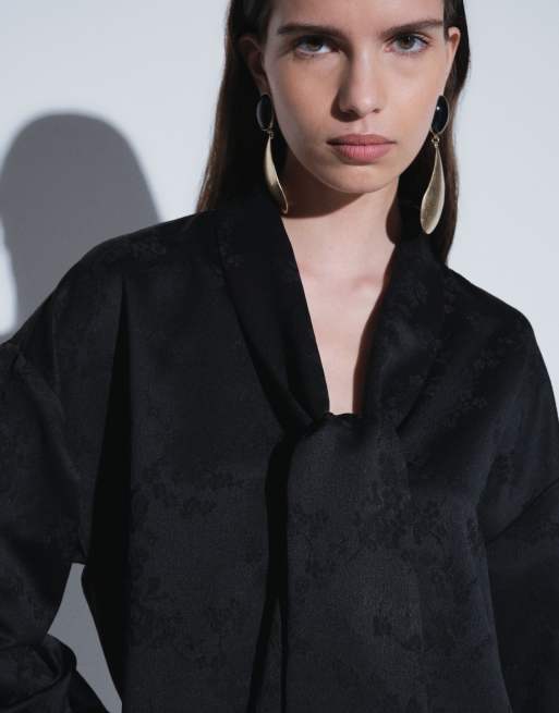 ASOS DESIGN jacquard mini dress with neck tie in black, 4 of 8