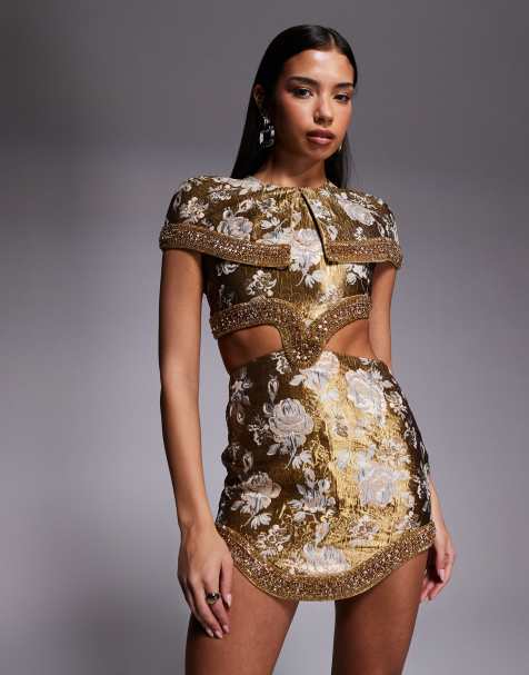 ASOS DESIGN – Jacquard-Minikleid in Gold mit Cape-Detail und geformtem Saum - view 1