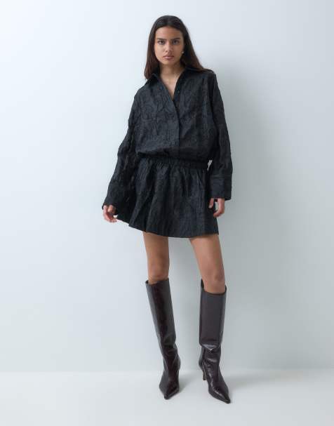 ASOS DESIGN jacquard overhemdjurk mini in zwart - view 1