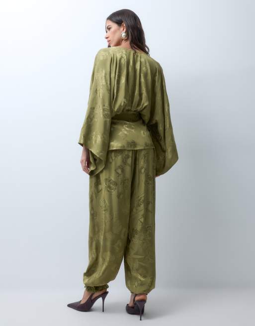 ASOS DESIGN jacquard oversized balloon-bukser med flæsedetalje i olivengrøn, 4 af 5