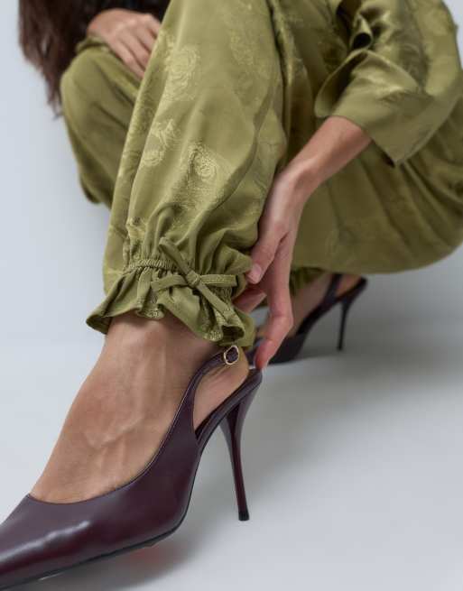ASOS DESIGN jacquard oversized balloon pant with frill detail in olive , 2 of 5