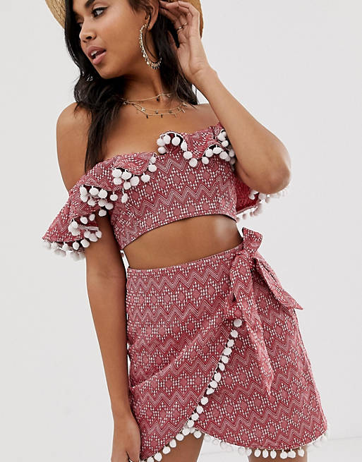 ASOS DESIGN jacquard pom pom wrap beach two-piece skirt