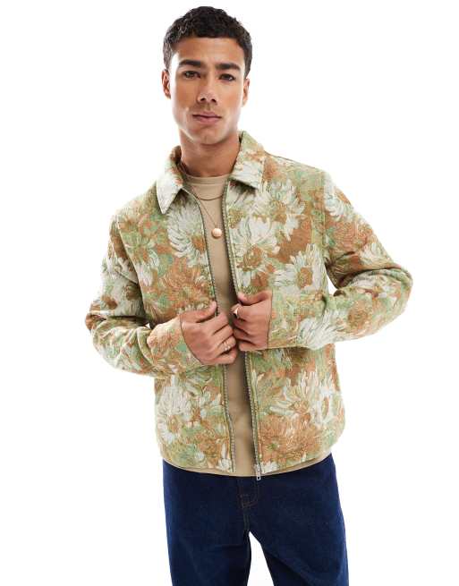 ASOS DESIGN jacquard printed harrington jacket in green
