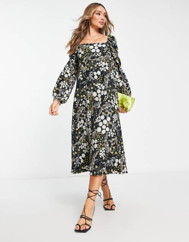 ASOS DESIGN jacquard puff sleeve midi dress in dark floral